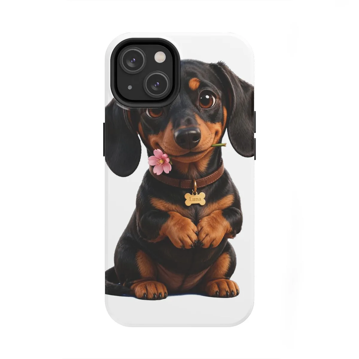Luna sitting with a pink flower tucked into her collar — the illustration printed on this case