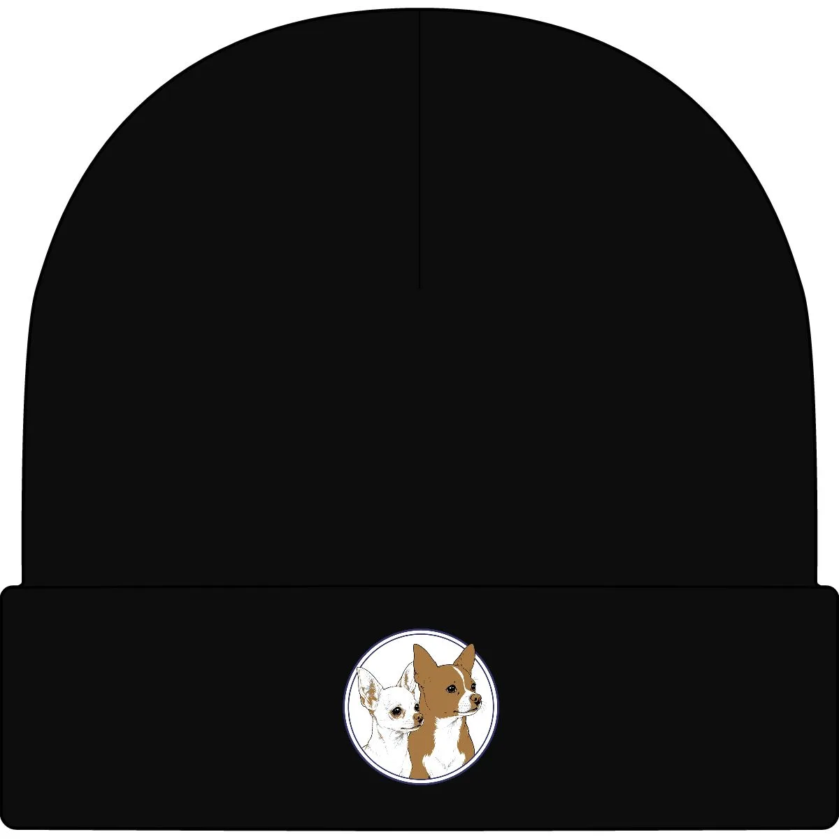 Chanel and Bruno drawn inside a round badge, printed on the cuff of a beanie