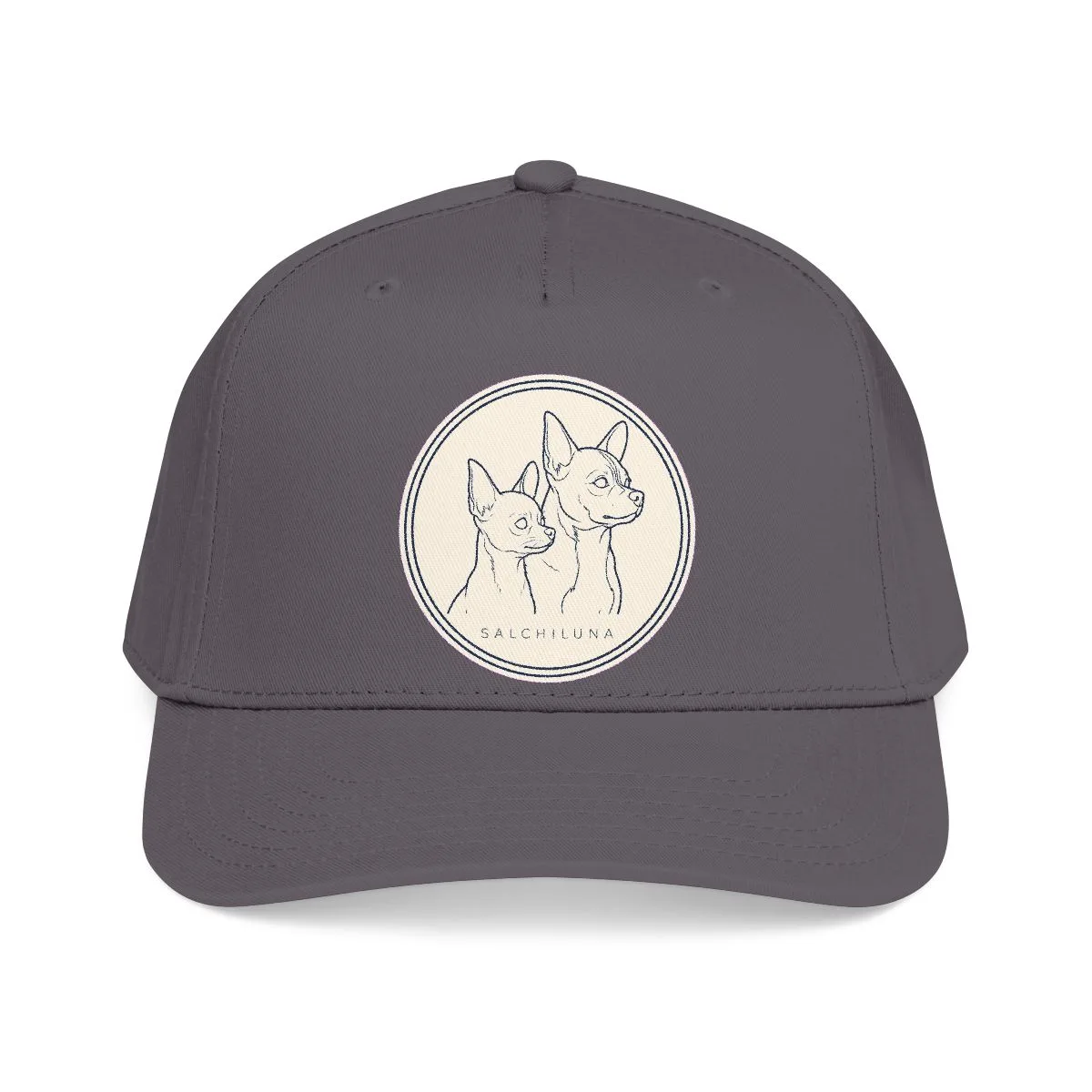 A small line-drawn badge of Chanel and Bruno, printed on the front of a cap