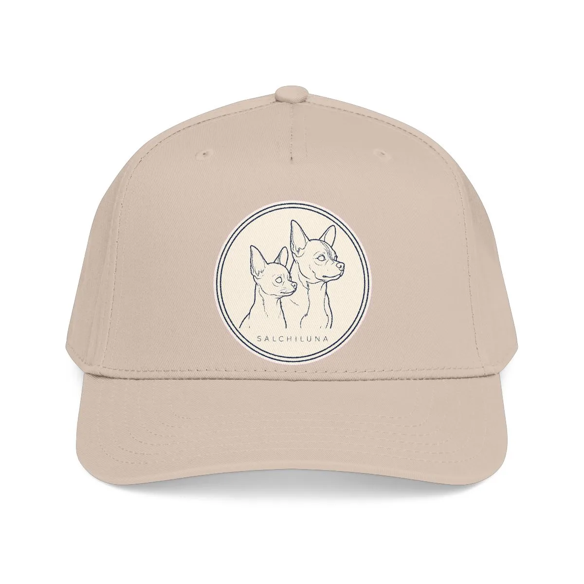 The mid profile baseball cap in Khaki, with the SalchiLuna design printed on it