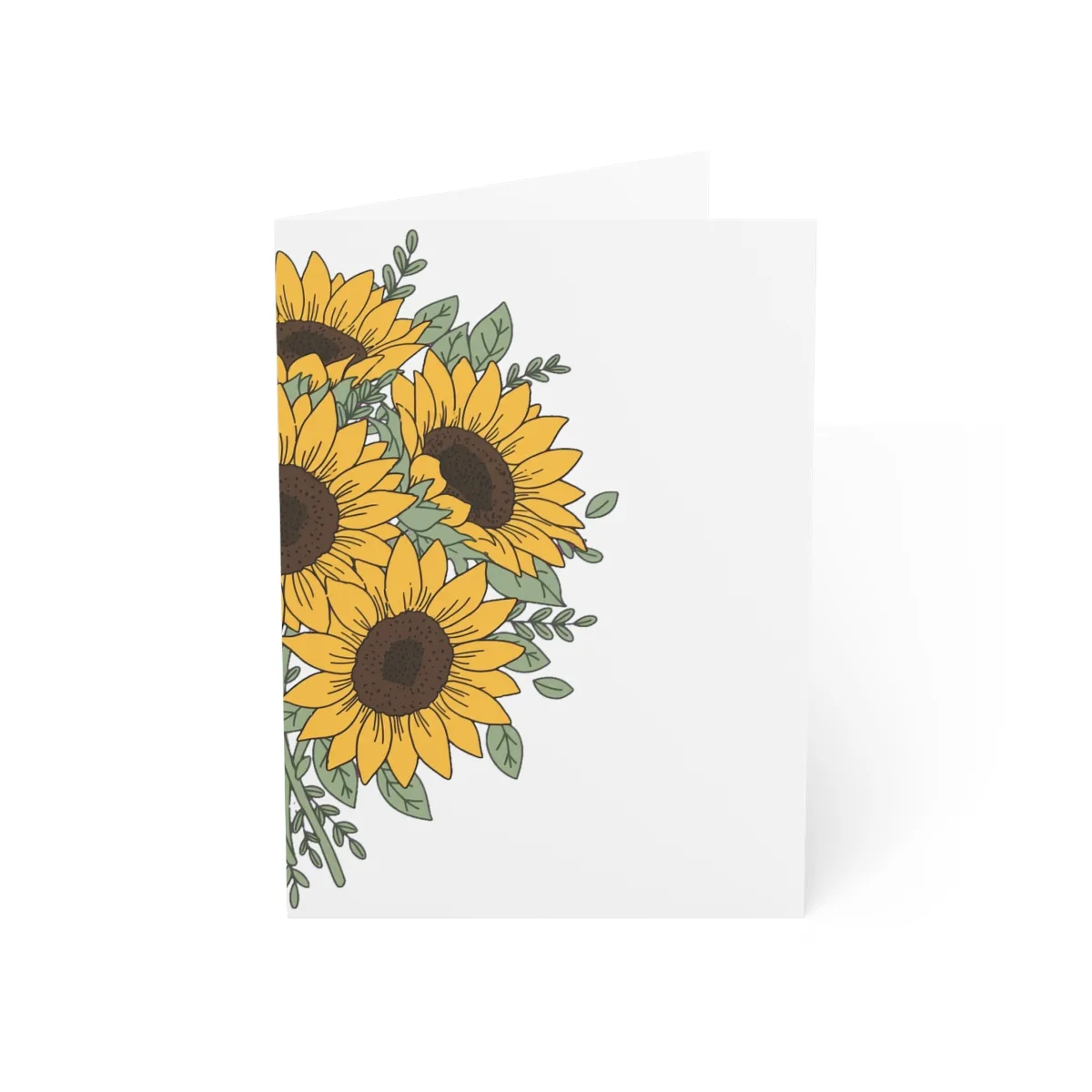 A drawn bouquet of six sunflowers with green leaves, on the cover of a greeting card