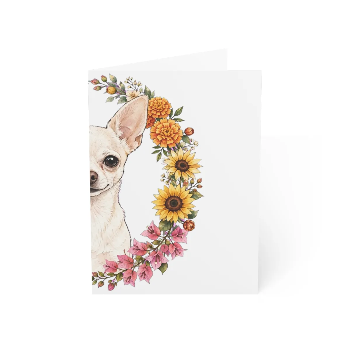 Chanel drawn inside a frame of marigolds and sunflowers, on the cover of a greeting card