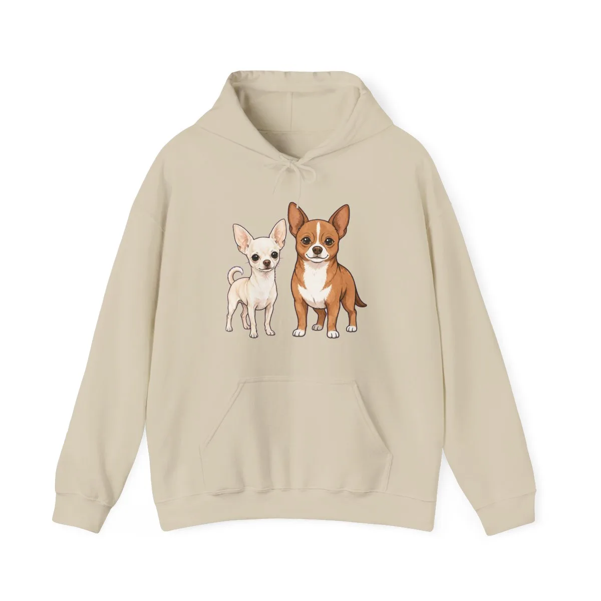 The hoodie in Sand, with the SalchiLuna design printed on it