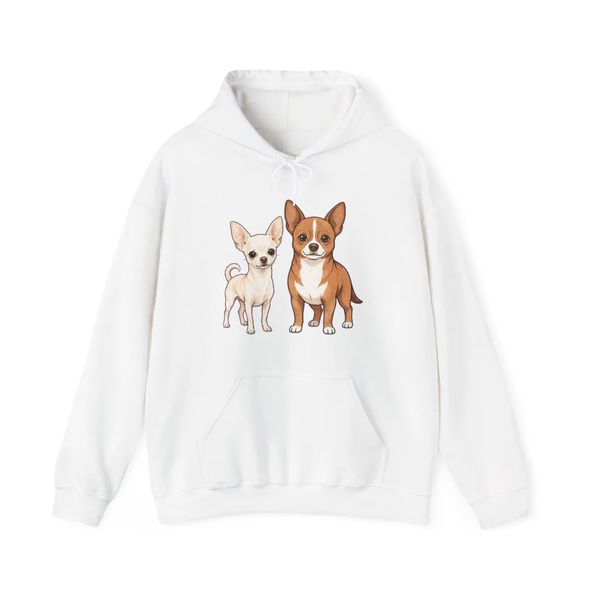 Chanel and Bruno drawn side by side for fabric printing, on the front of a hoodie
