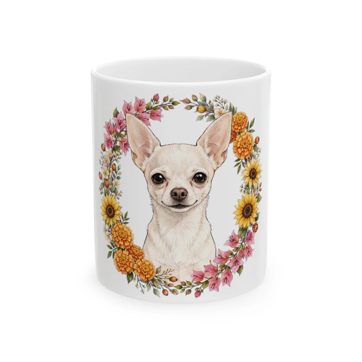 Chanel drawn inside a wreath of marigolds, sunflowers and bougainvillea — the artwork on this mug