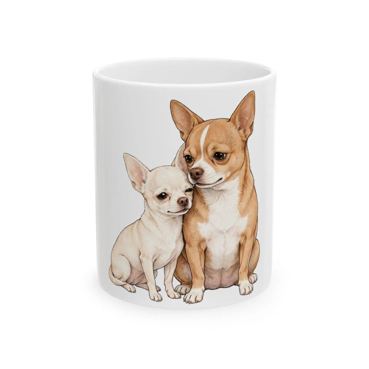 Chanel and Bruno drawn leaning into each other — the artwork on this mug