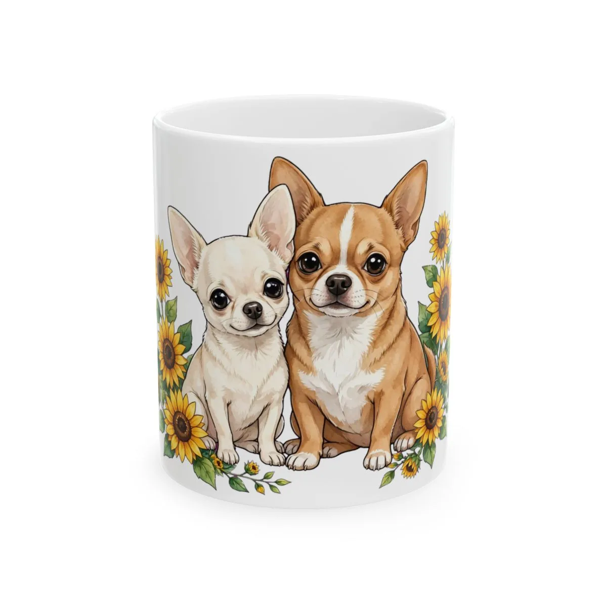 Chanel and Bruno drawn among sunflowers, printed around a ceramic mug