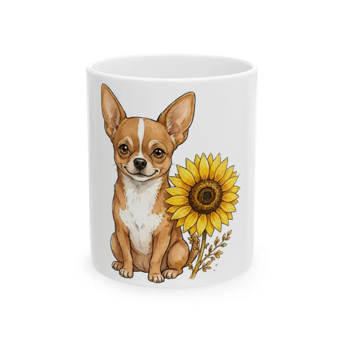 Bruno drawn among sunflowers, printed around a ceramic mug