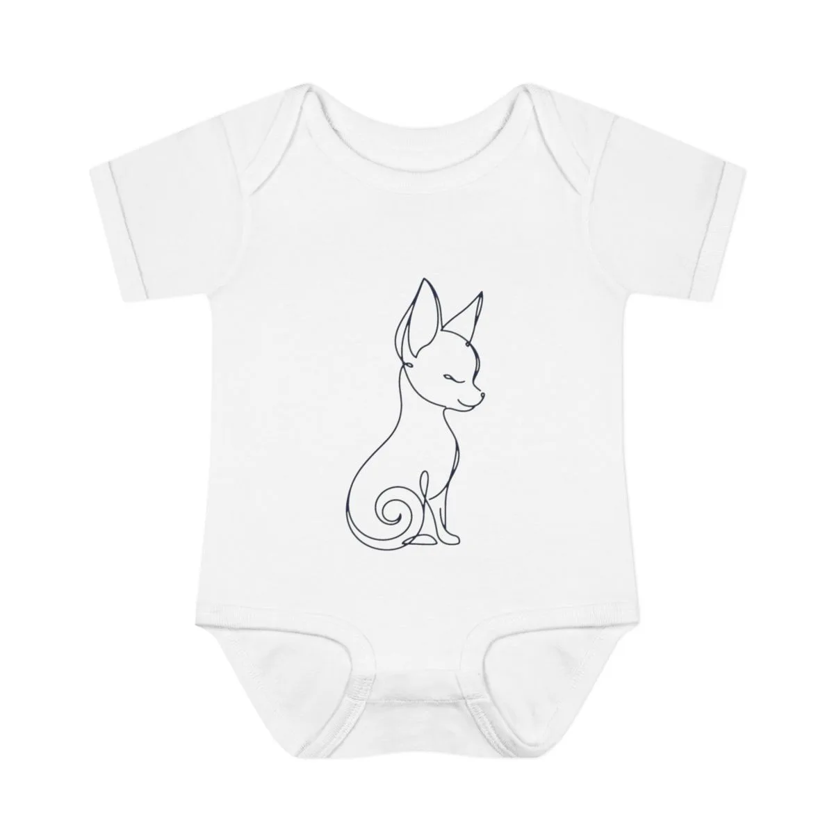 A minimal single-line drawing of Chanel, printed on a baby bodysuit