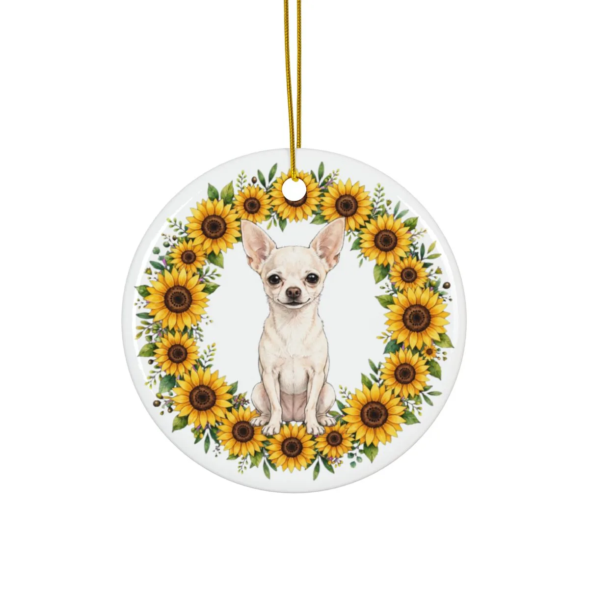 Chanel drawn inside a full wreath of sunflowers — the artwork on this round ceramic ornament