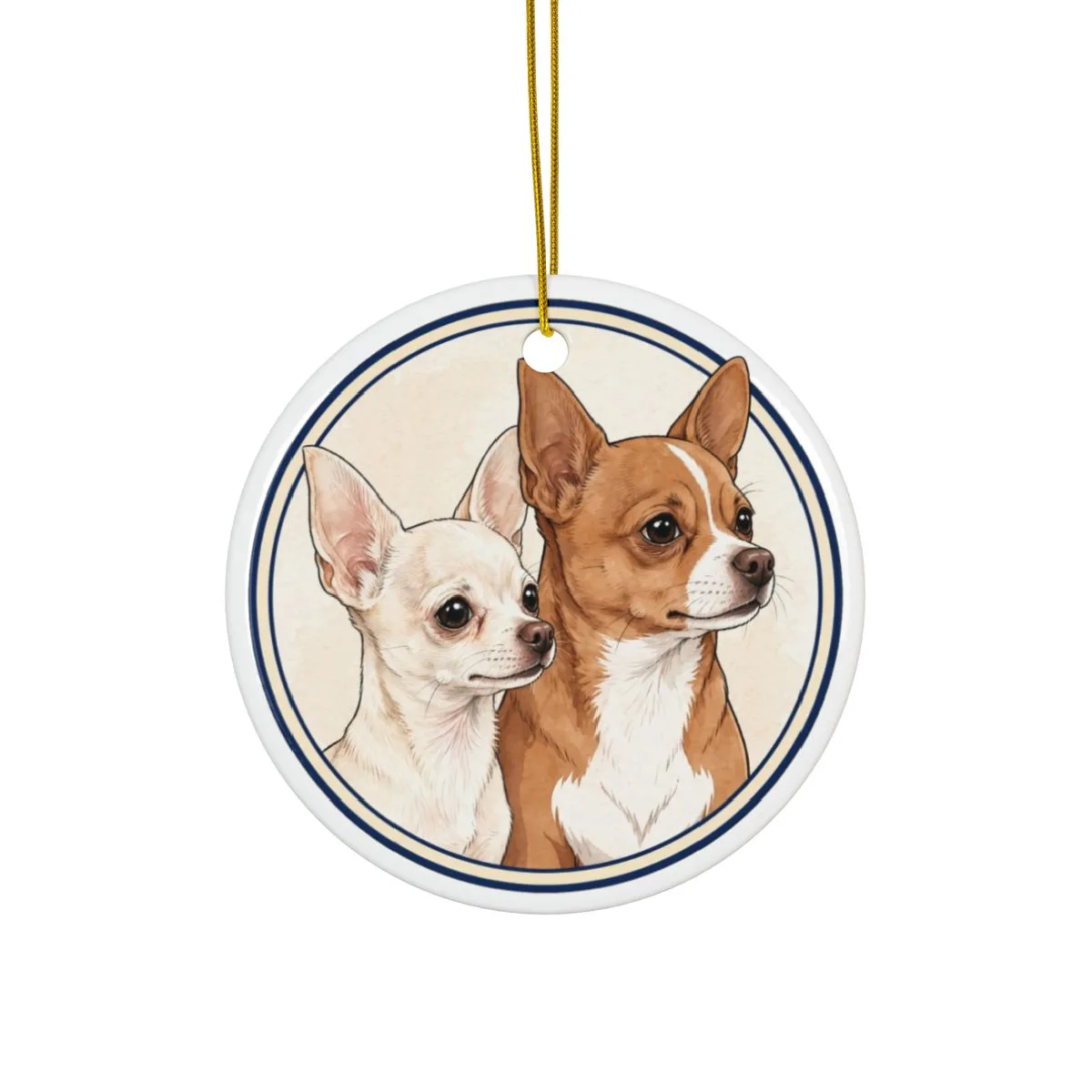 A round badge drawing of Chanel and Bruno together, printed on a ceramic ornament