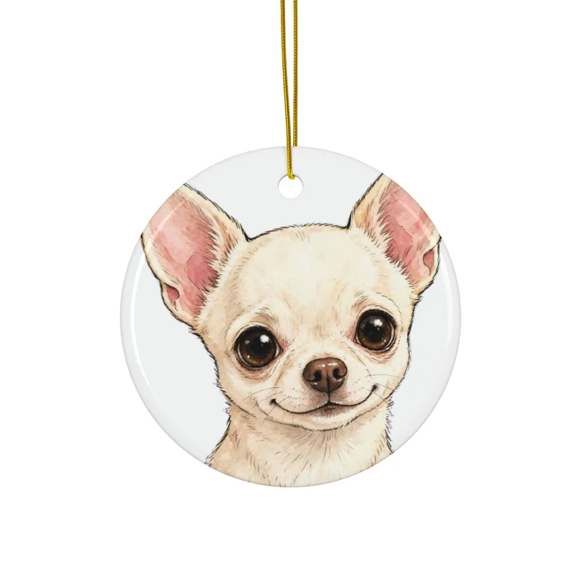 A close head-and-shoulders drawing of Chanel, printed on a round ceramic ornament