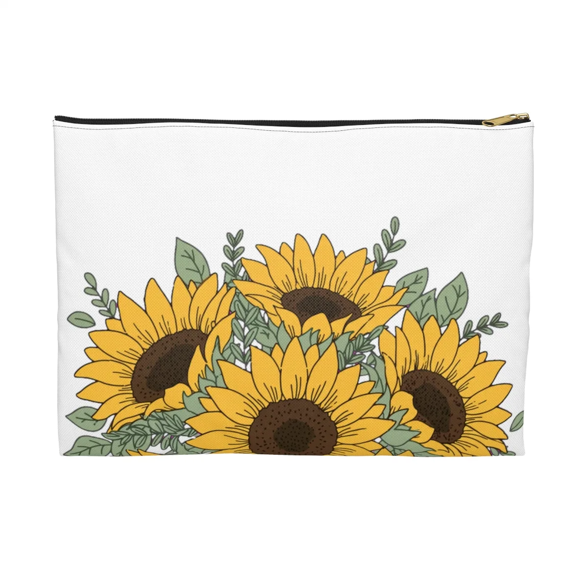 A drawn bouquet of sunflowers, printed on a zip accessory pouch