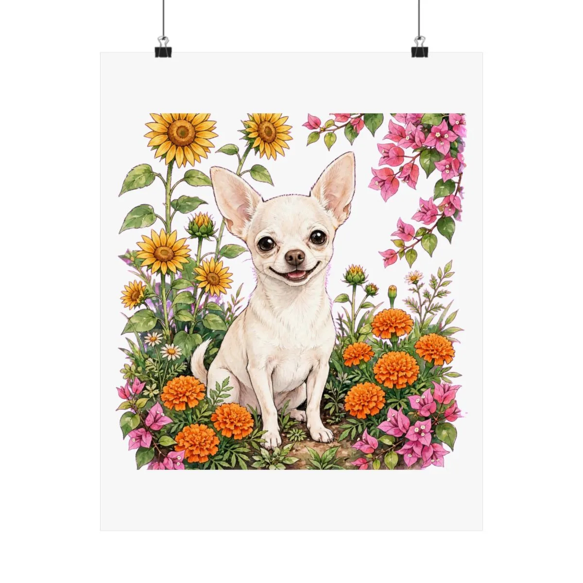 Chanel drawn smiling in a bed of sunflowers, marigolds and bougainvillea — the artwork on this print