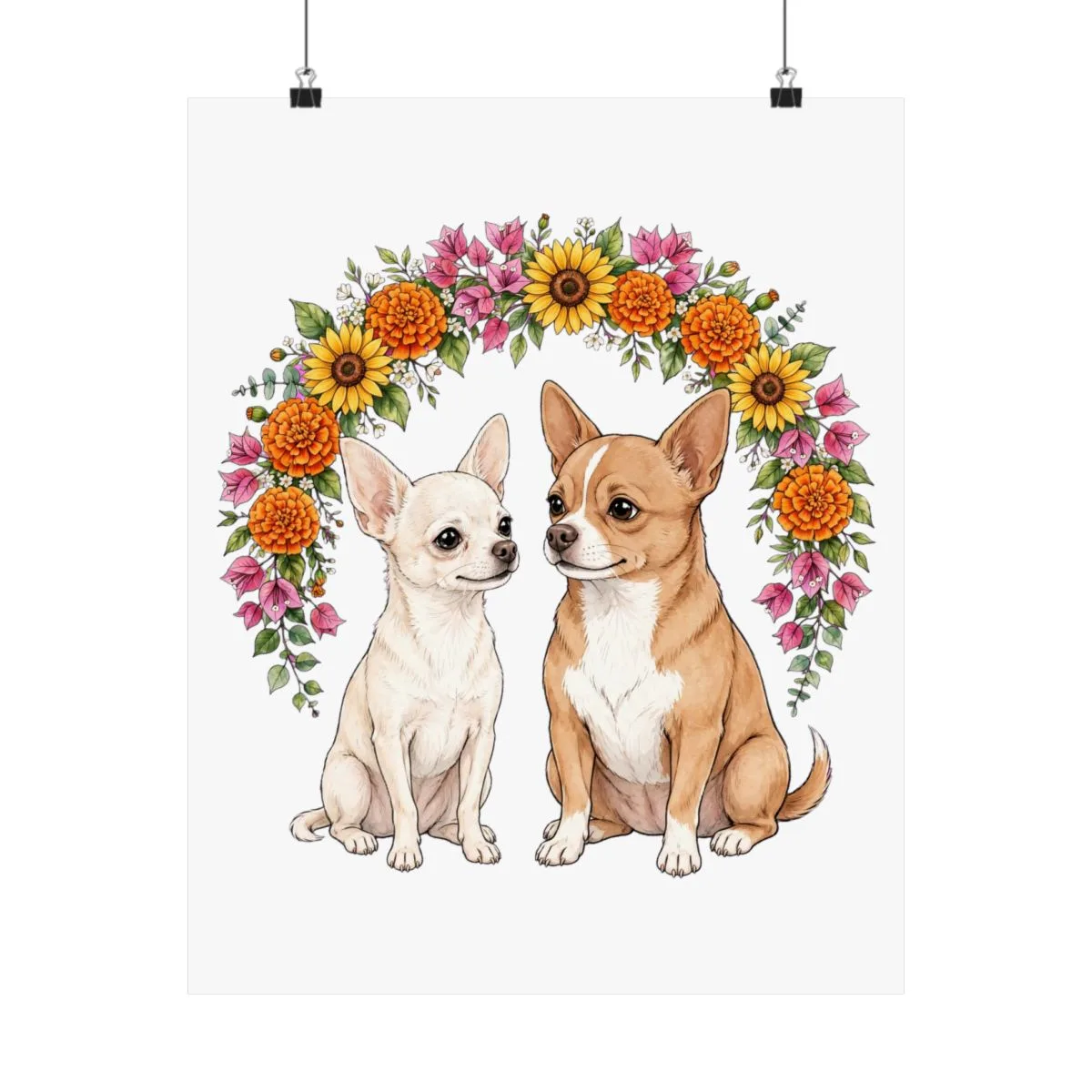 Chanel and Bruno drawn sitting together beneath an arch of marigolds and sunflowers — the artwork on this print