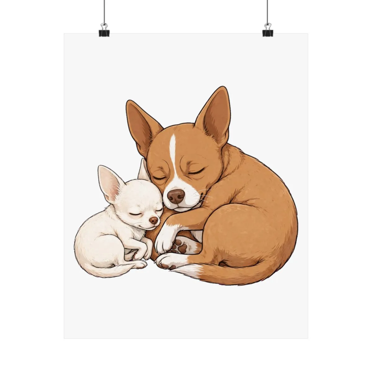 Chanel and Bruno drawn asleep curled together, Bruno drawn larger than life beside her — the artwork on this print