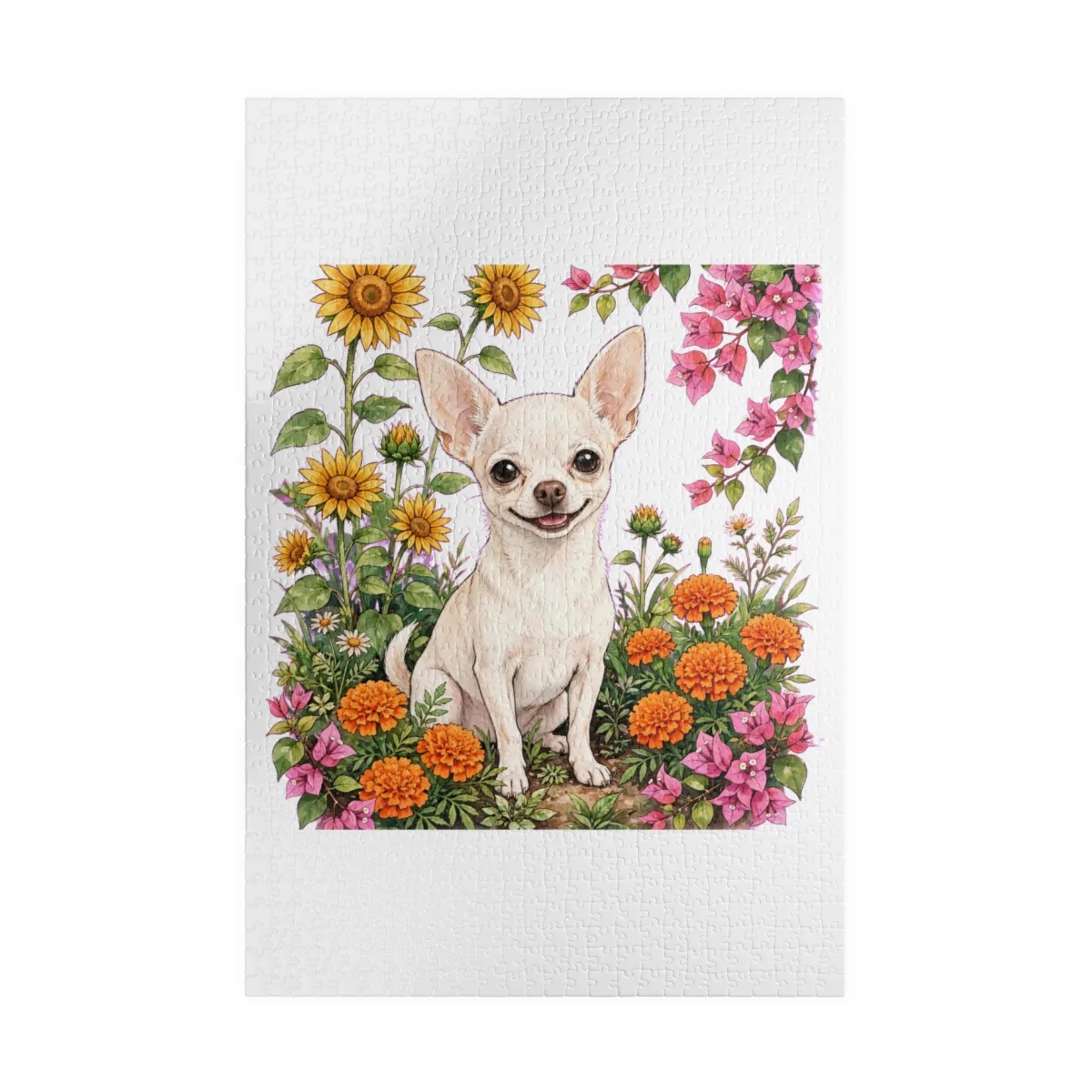 Chanel drawn in a garden of sunflowers, marigolds and bougainvillea, printed on a jigsaw puzzle