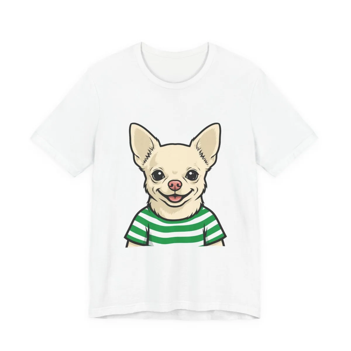 A bold flat drawing of Chanel in a green striped tee, printed on the front of a t-shirt