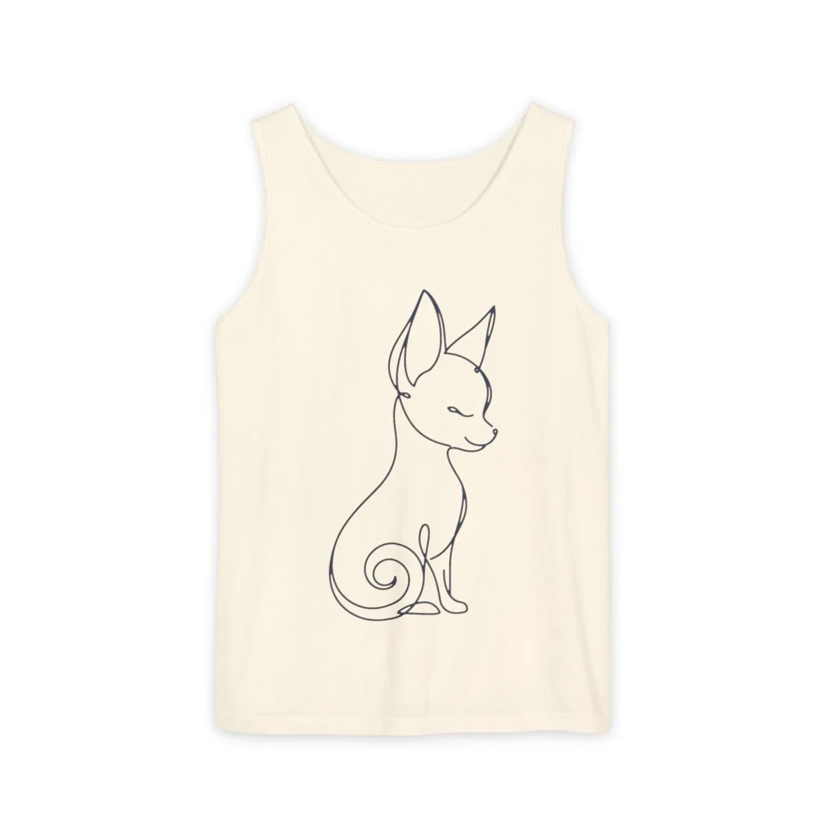 A minimal single-line drawing of Chanel, printed on the front of a garment-dyed tank top