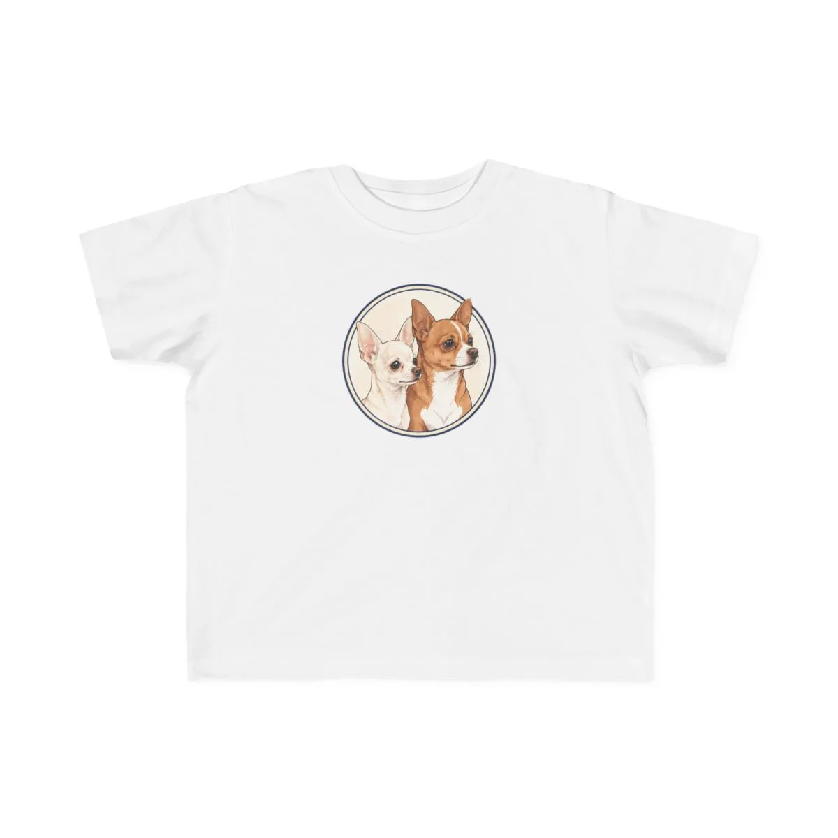 Chanel and Bruno drawn inside a round badge, printed on a toddler t-shirt