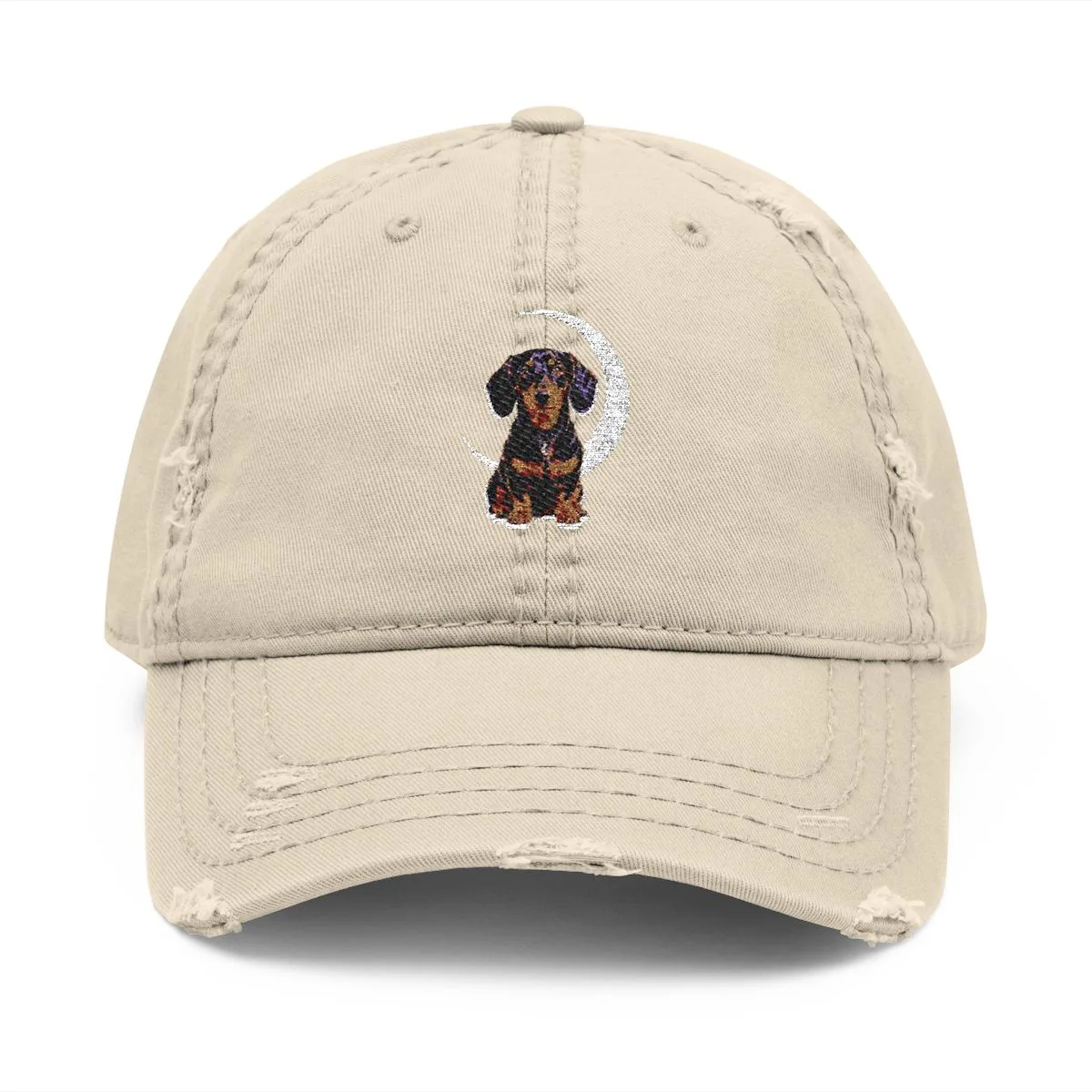 A small mark of Luna before the moon — the design printed on this dad hat