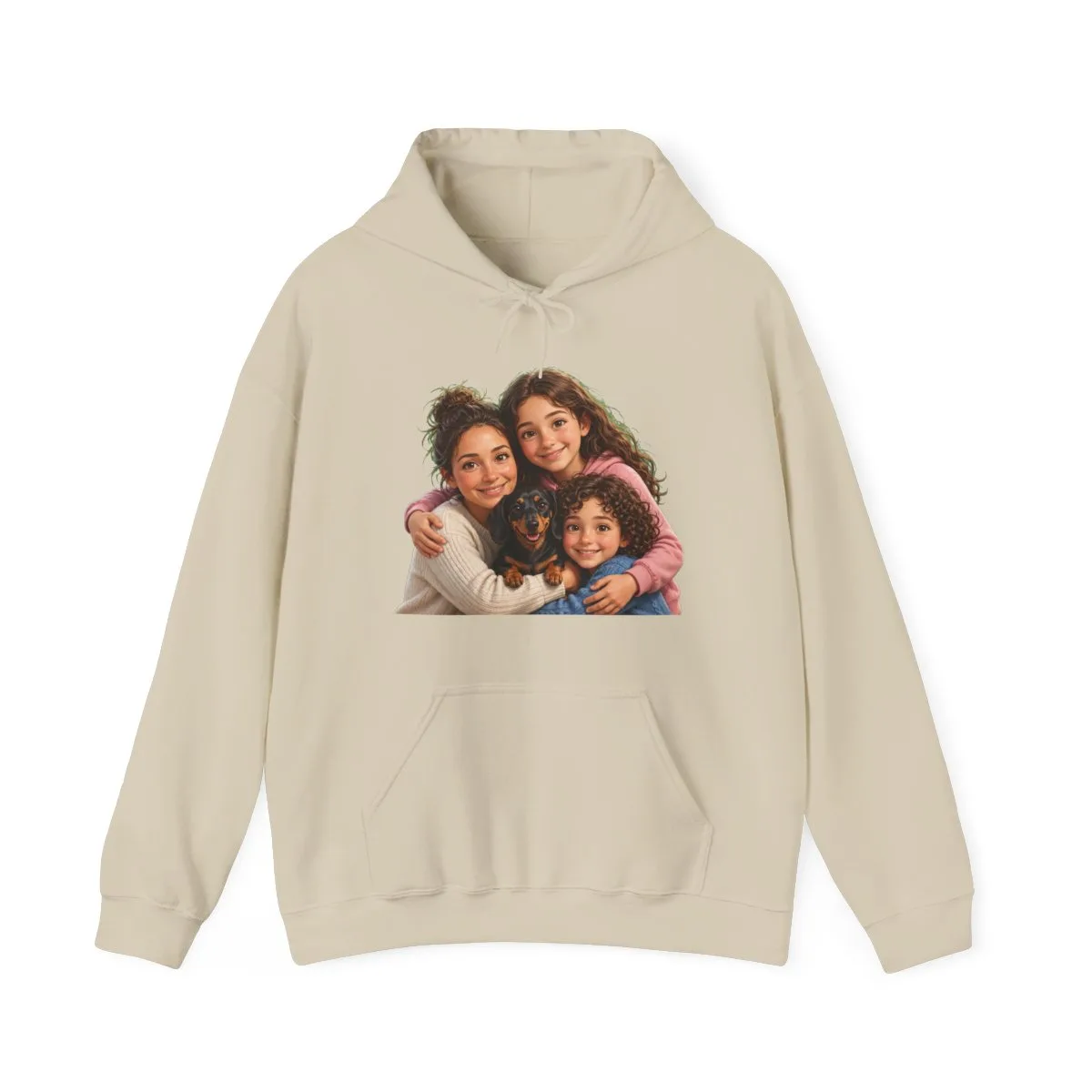 The hoodie in Sand, with the SalchiLuna design printed on it