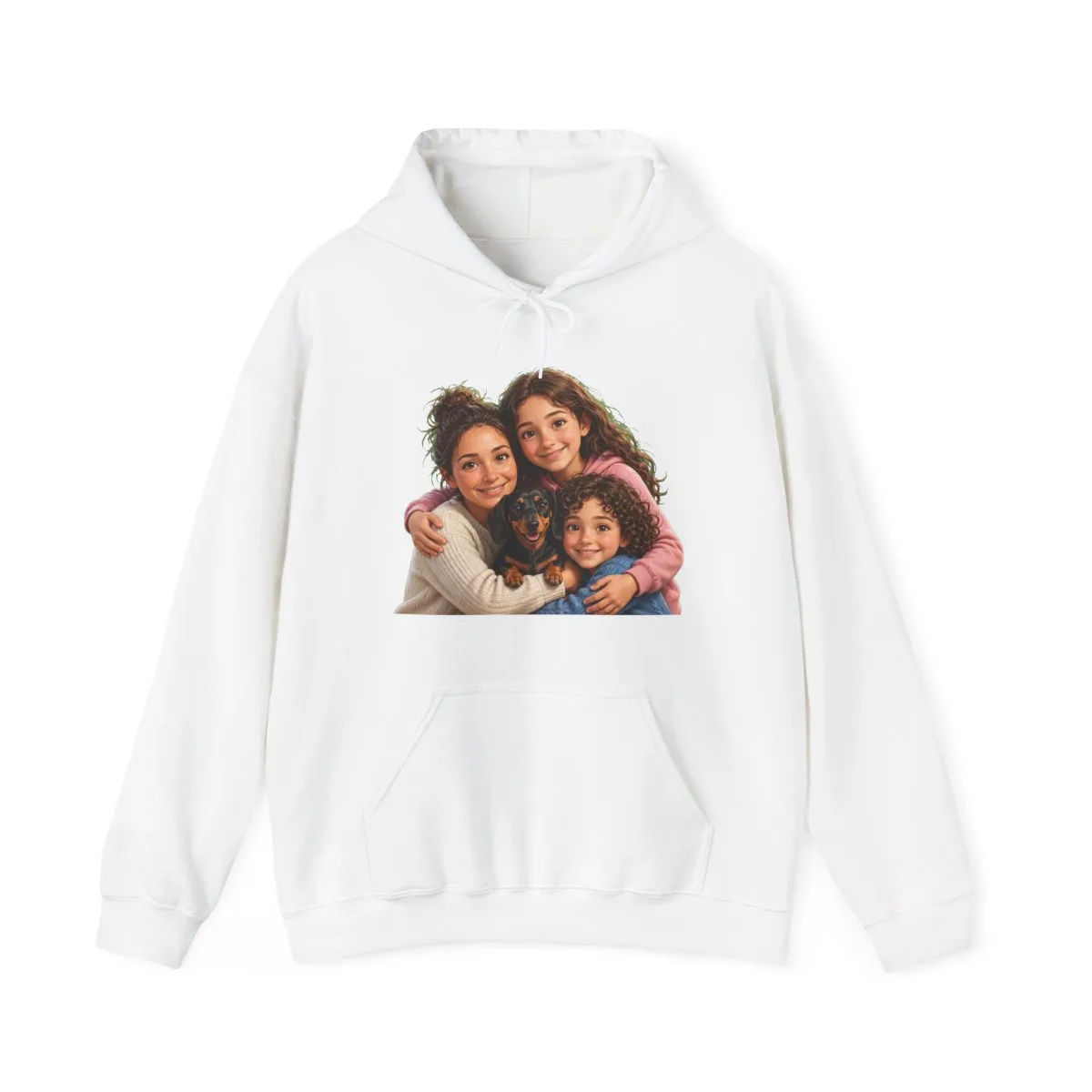 The family together in a hug with Luna — the illustration printed on this hoodie
