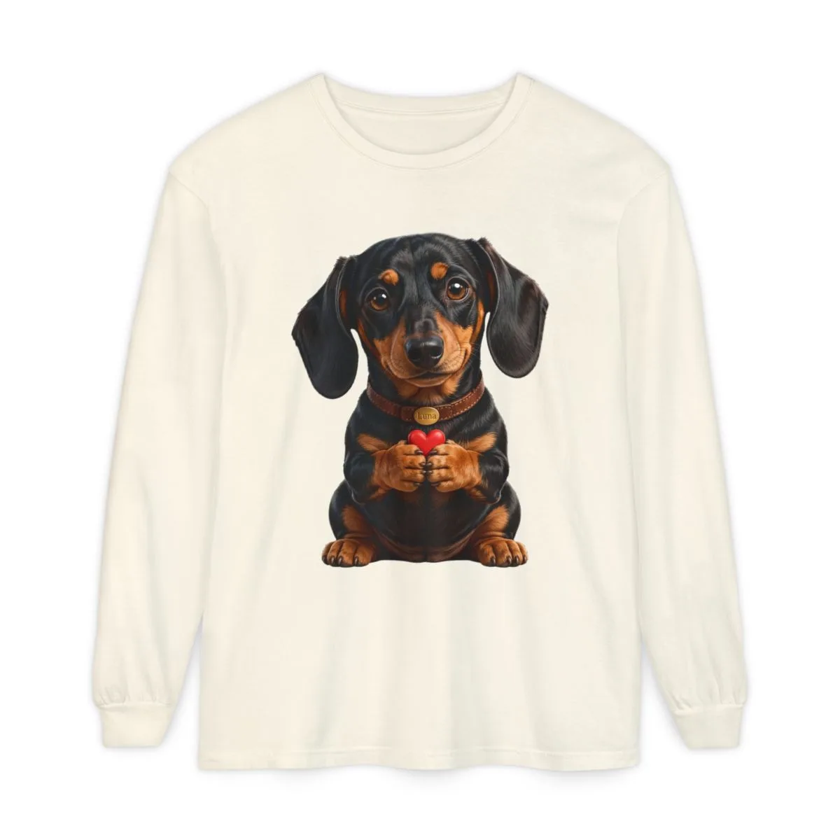 Luna with a heart, printed on a garment-dyed long-sleeve tee