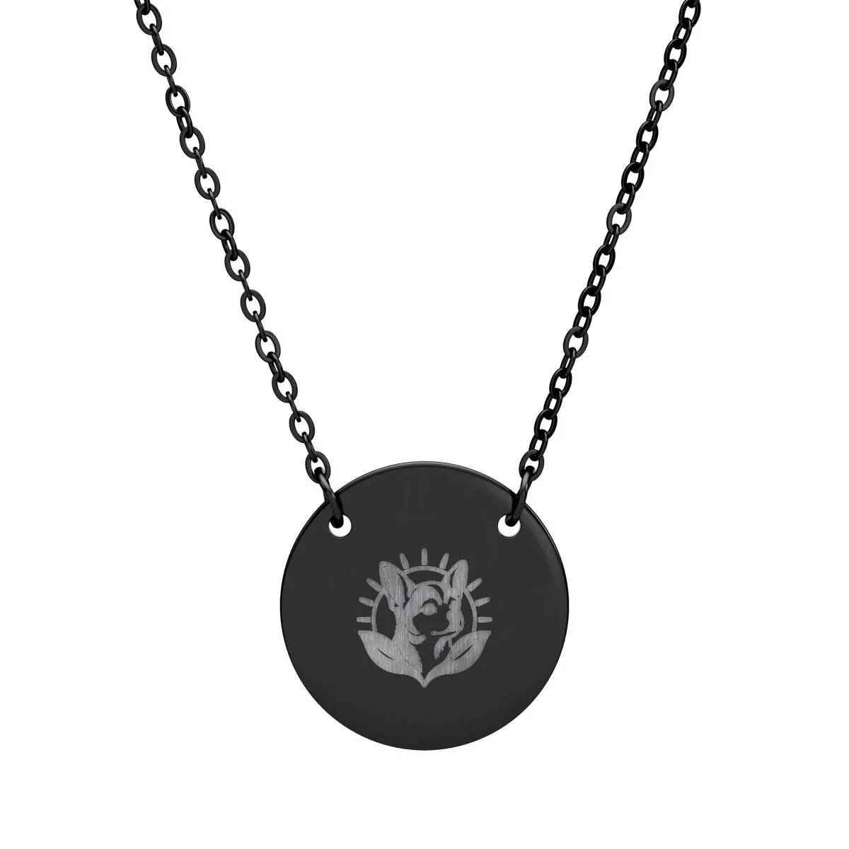 The circle necklace (engraving) in Black PVD coating, with the SalchiLuna design printed on it