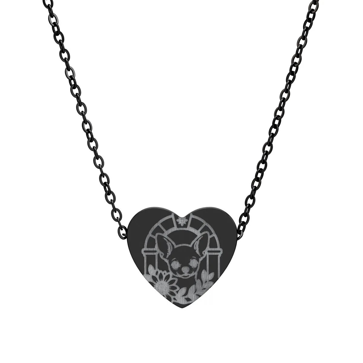The heart necklace (engraving) in Black PVD coating, with the SalchiLuna design printed on it