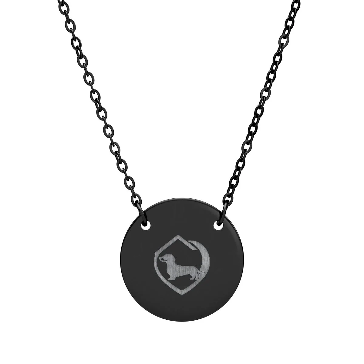 The circle necklace (engraving) in Black PVD coating, with the SalchiLuna design printed on it