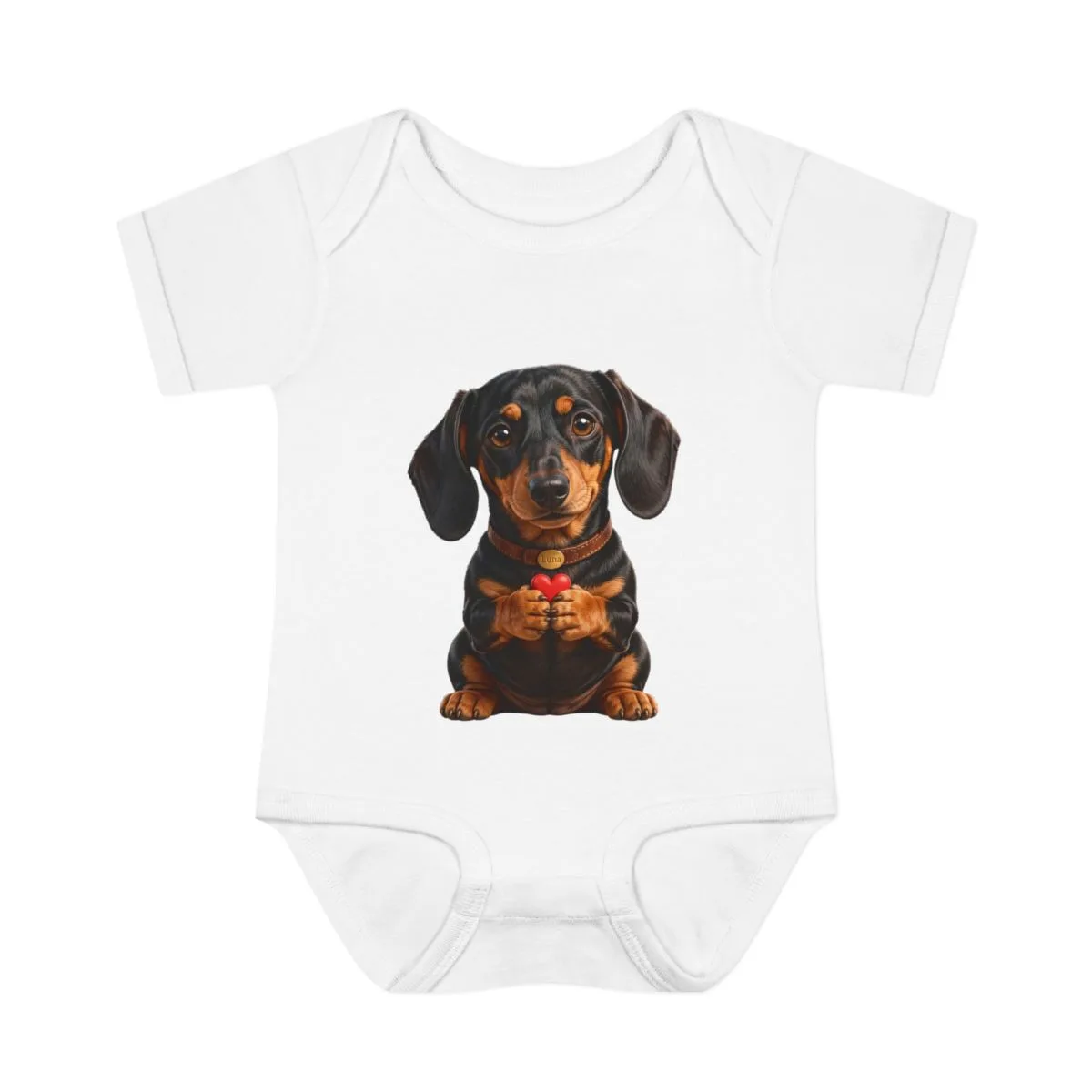 Luna with a small heart above her — the illustration printed on this onesie