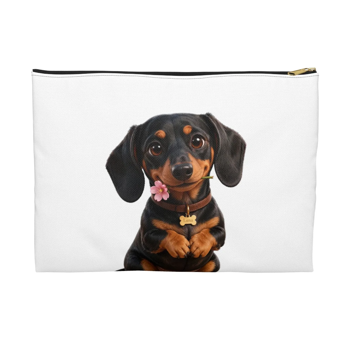The accessory pouch in Black zipper, with the SalchiLuna design printed on it