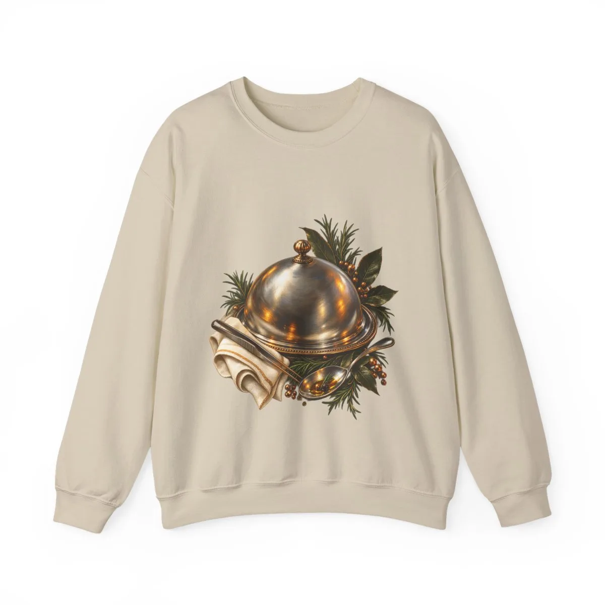 The sweatshirt in Sand, with the SalchiLuna design printed on it