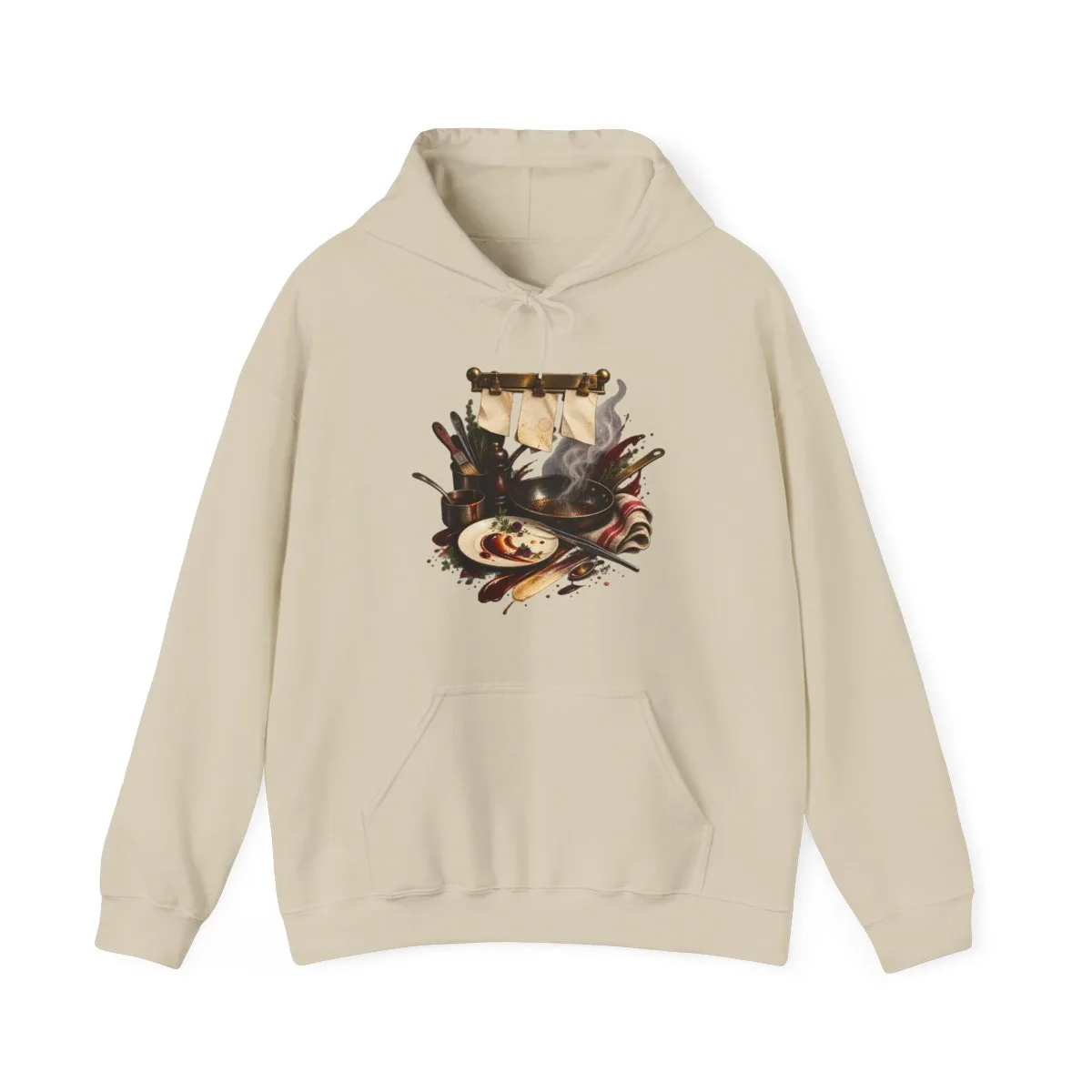 The hoodie in Sand, with the SalchiLuna design printed on it