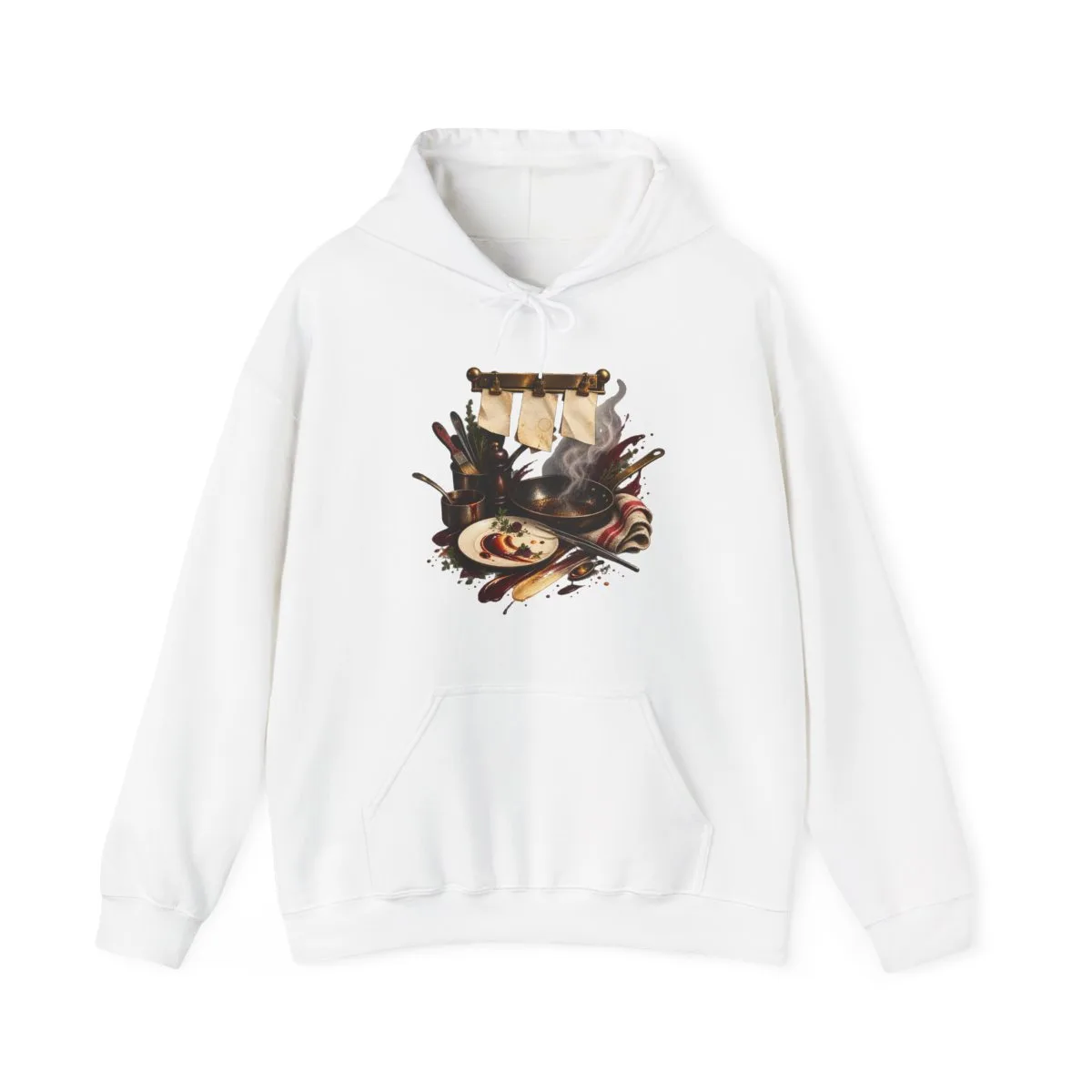 A working kitchen pass with ticket rail, sauté pan, towel and plating tools, painted for this hoodie