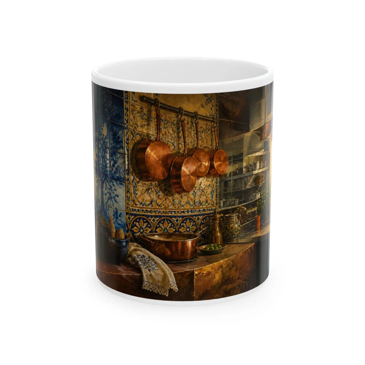 A continuous painted journey from a Salvadoran hearth through Spanish tile to a fine-dining service pass