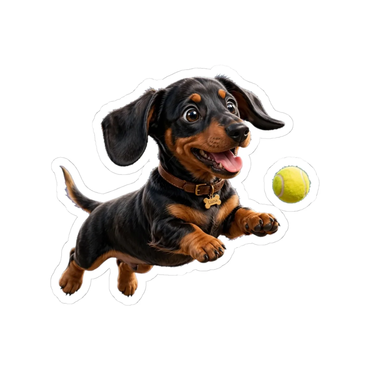 Luna mid-leap after a tennis ball — one of the drawings on this sticker sheet