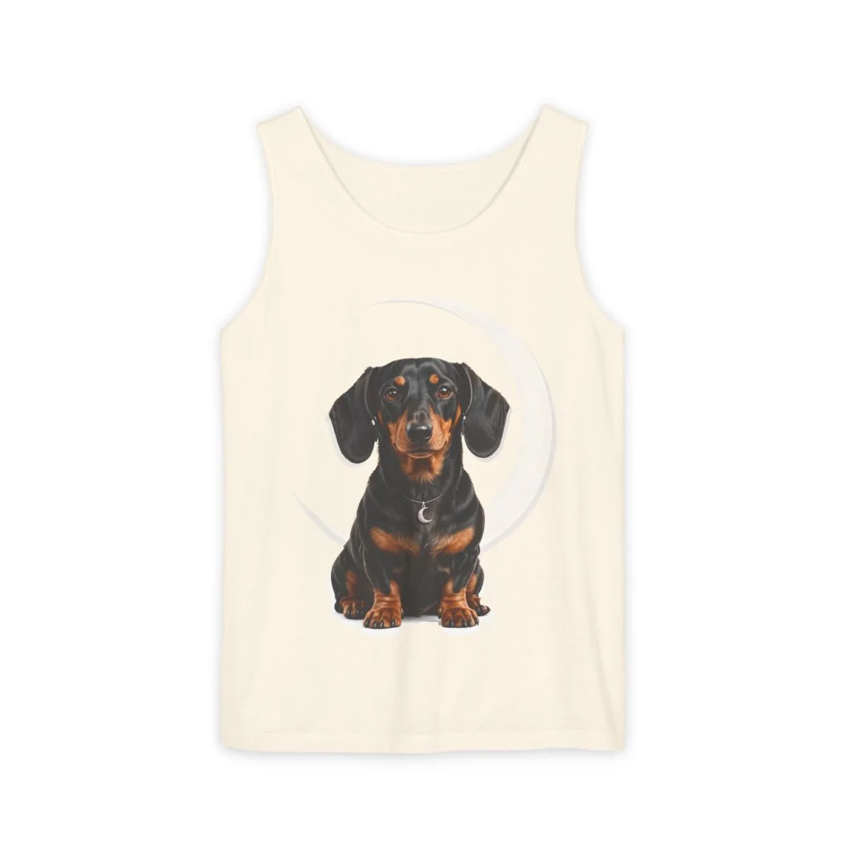 Luna beneath her guardian moon, printed on a garment-dyed tank top