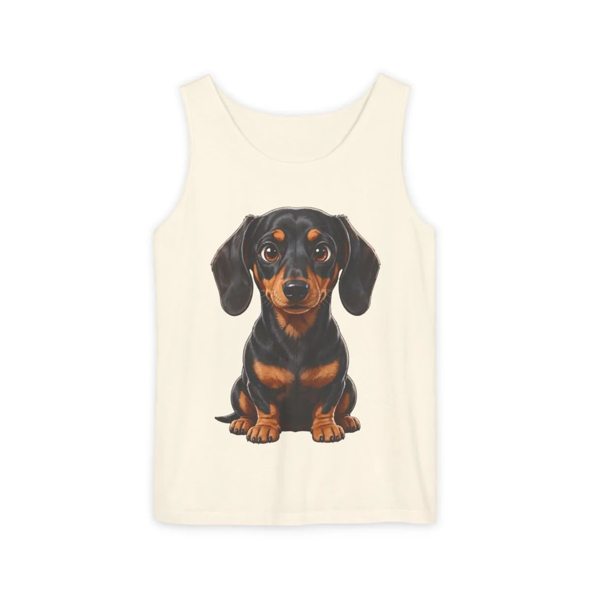 Luna sitting up, ears forward, printed on a garment-dyed tank top