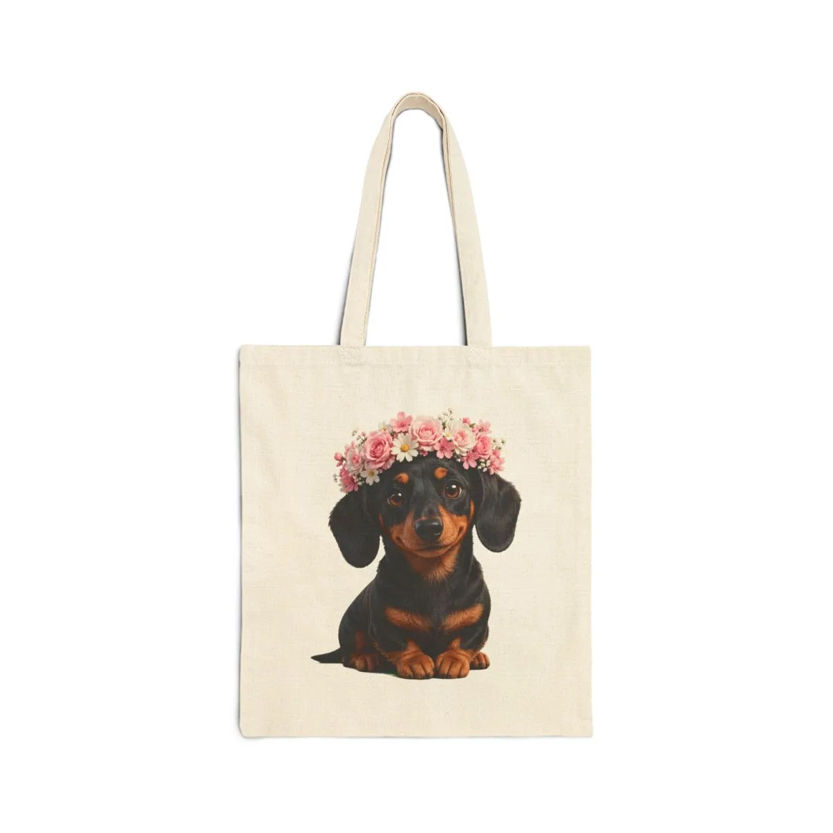 Luna wearing a flower crown — the design printed on this tote