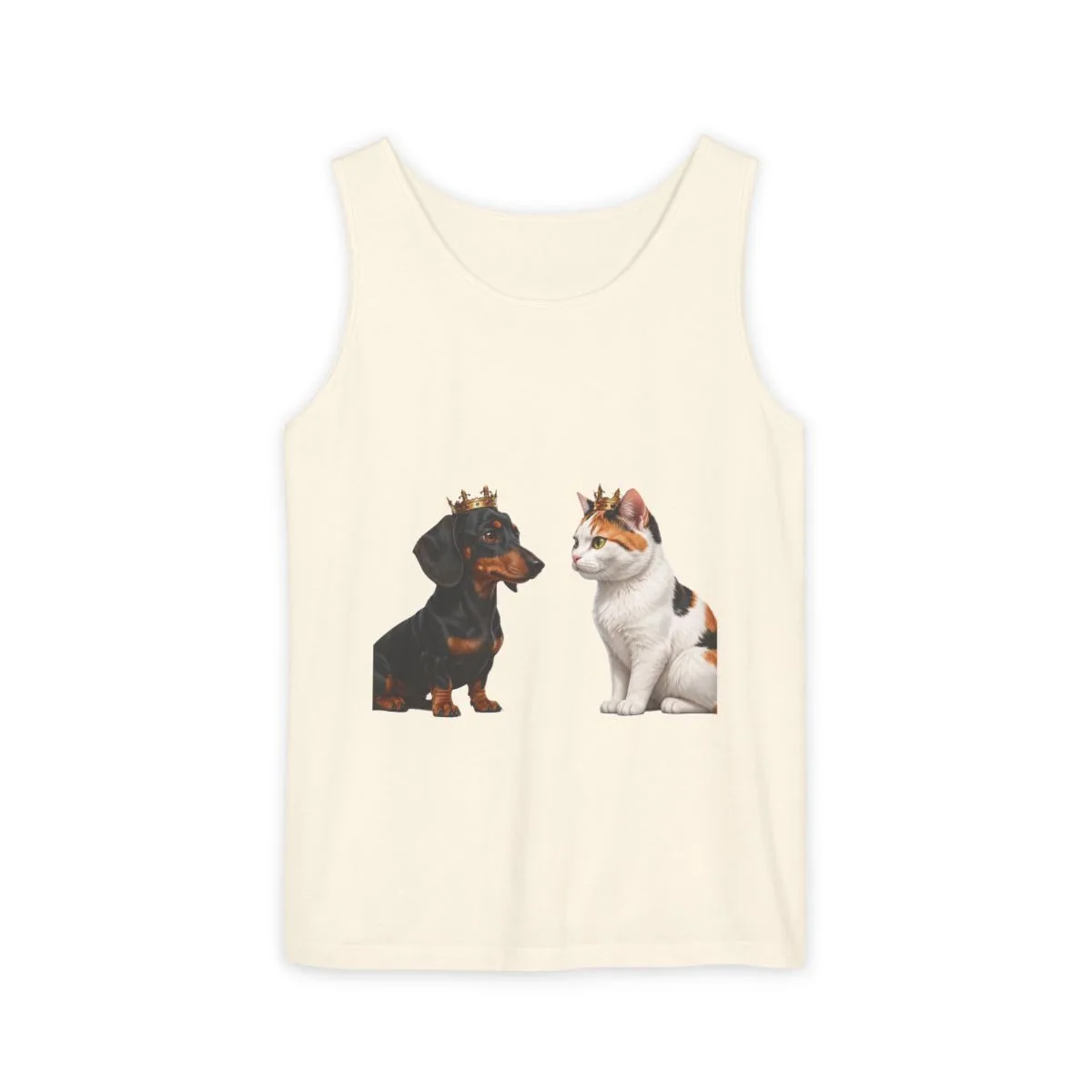 Luna and Bonnie facing off, printed on a garment-dyed tank top