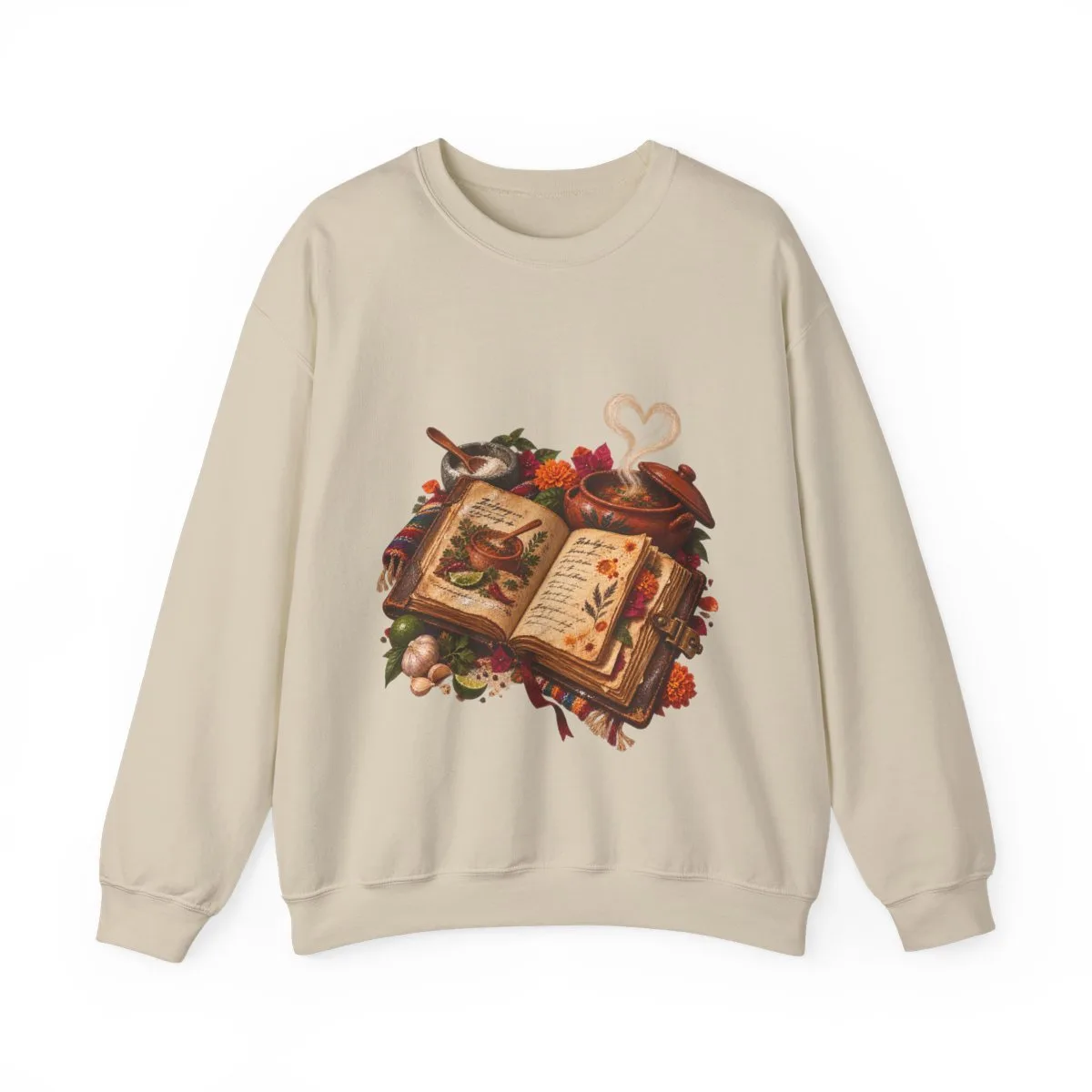The sweatshirt in Sand, with the SalchiLuna design printed on it