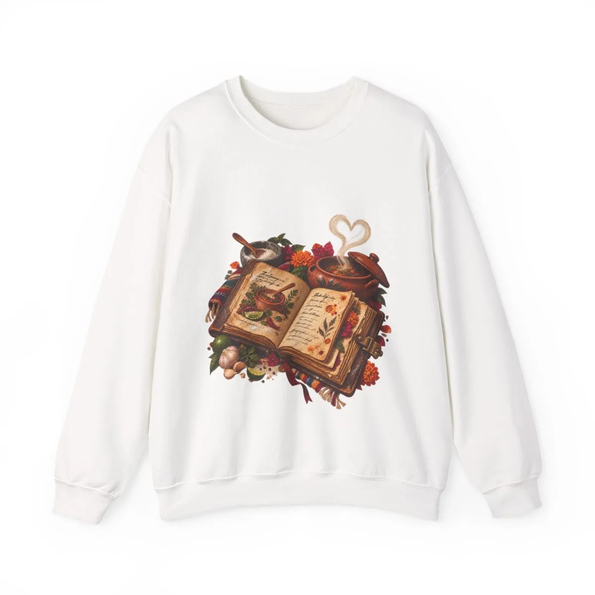 A worn recipe book with pressed marigolds, a clay pot and heart-shaped steam, painted for this sweatshirt