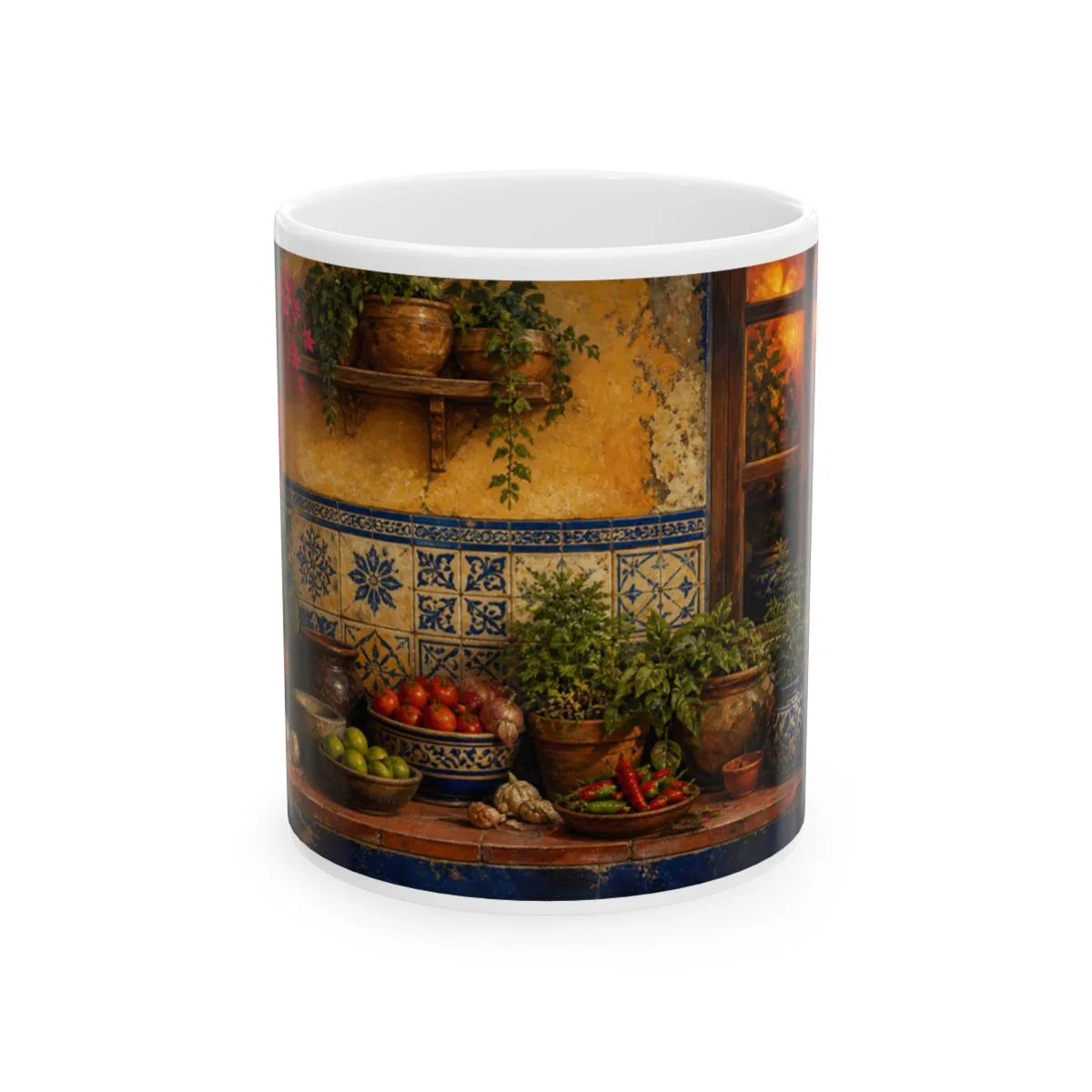 A continuous painted Salvadoran kitchen garden with blue tile, clay pots, warm windows and flowers
