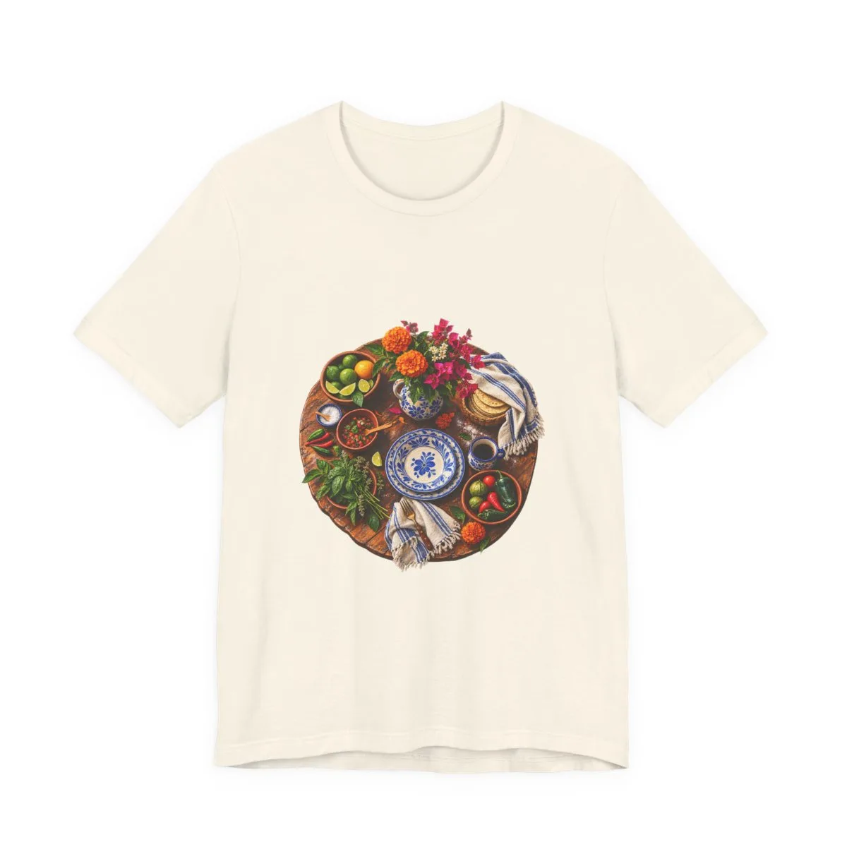 The tee in Natural, with the SalchiLuna design printed on it
