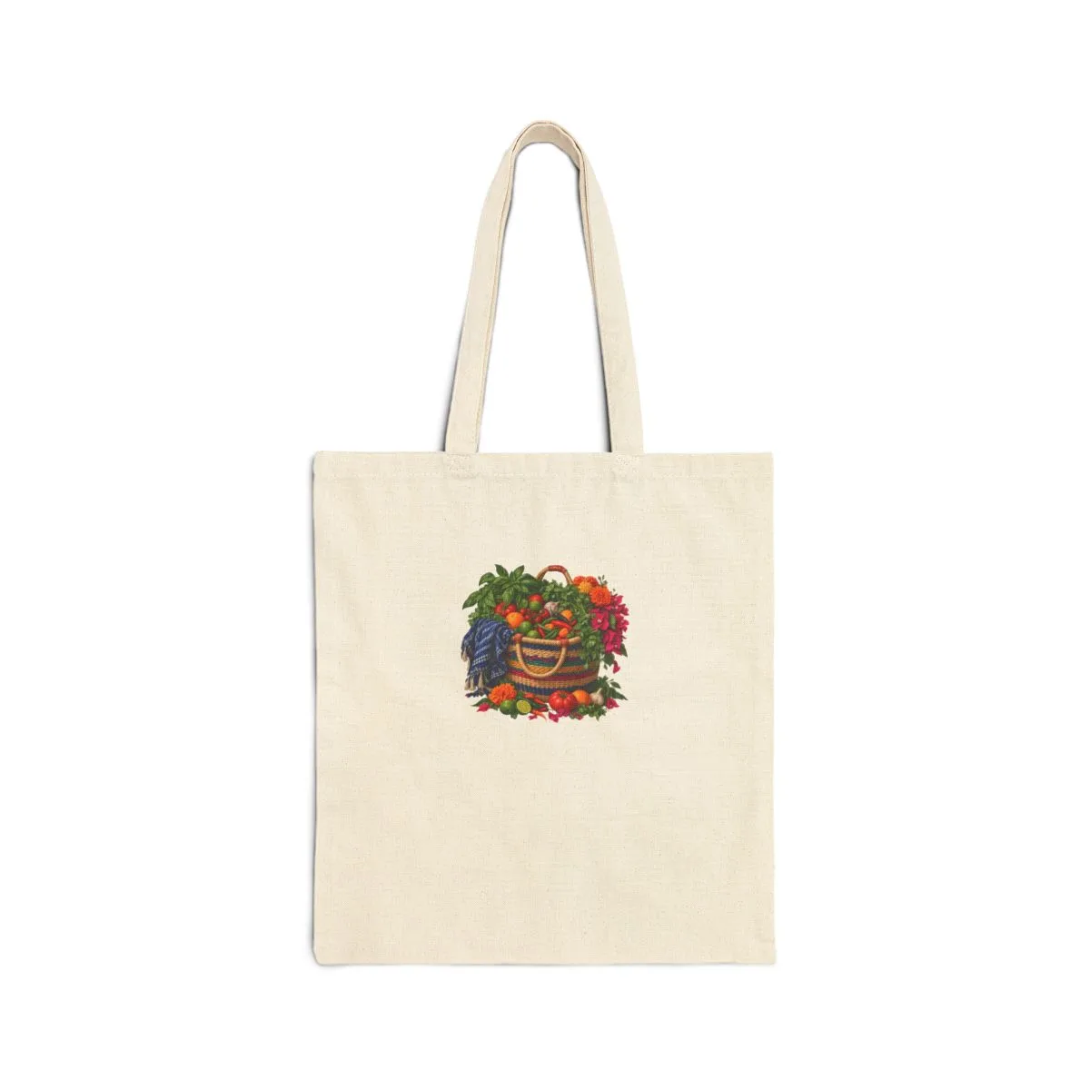 A woven market basket filled with herbs, peppers, citrus and garden flowers, painted for this tote