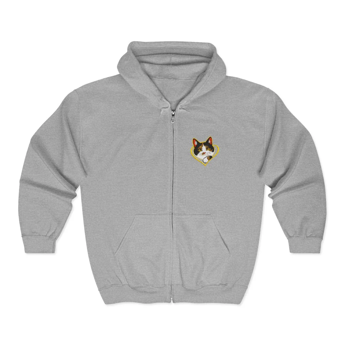 The heavy blend™ full-zip hooded sweatshirt in Sport Grey, with the SalchiLuna design printed on it