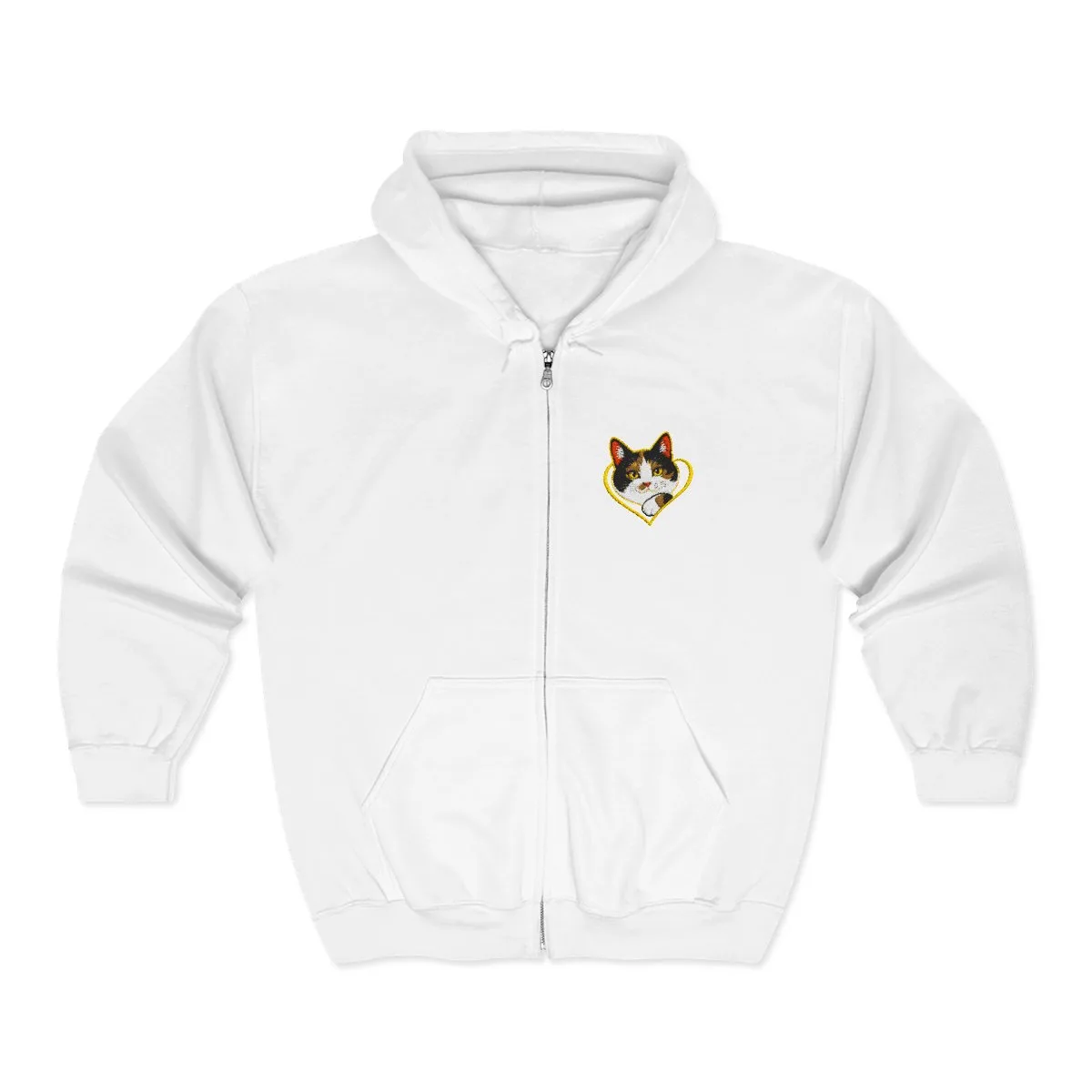 Bonnie's soft calico paw emblem printed on the left chest of a full-zip hoodie