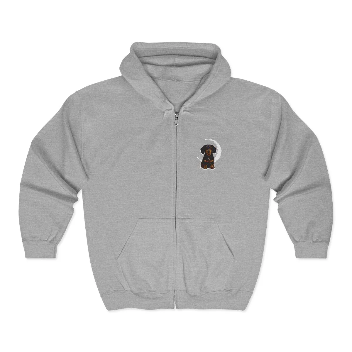 The heavy blend™ full-zip hooded sweatshirt in Sport Grey, with the SalchiLuna design printed on it